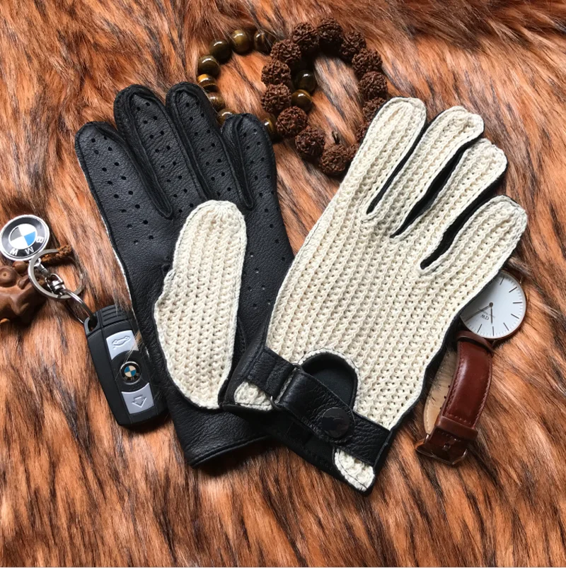 Mens Goatskin Leather Gloves Back Knitted Gloves Lambskin NEW Unlined Non-Slip Motorcycle Driving Gloves Male Leather Mittens