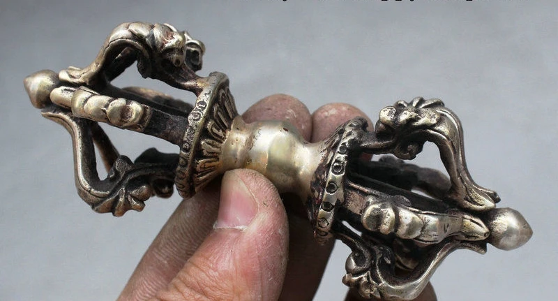 

4"Old Folk China Tibetan Buddhism Bronze Copper Beast Head Phurba Dagger Holder