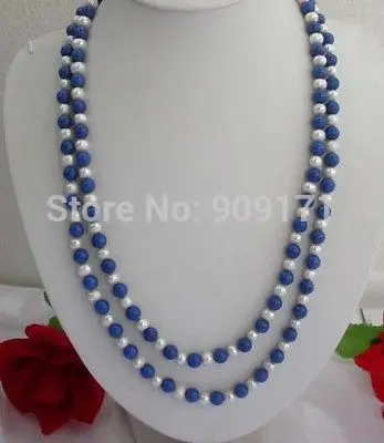 

Long 50" 8mm Lazuli Lapis & white pearl Round Beads Necklace /A086