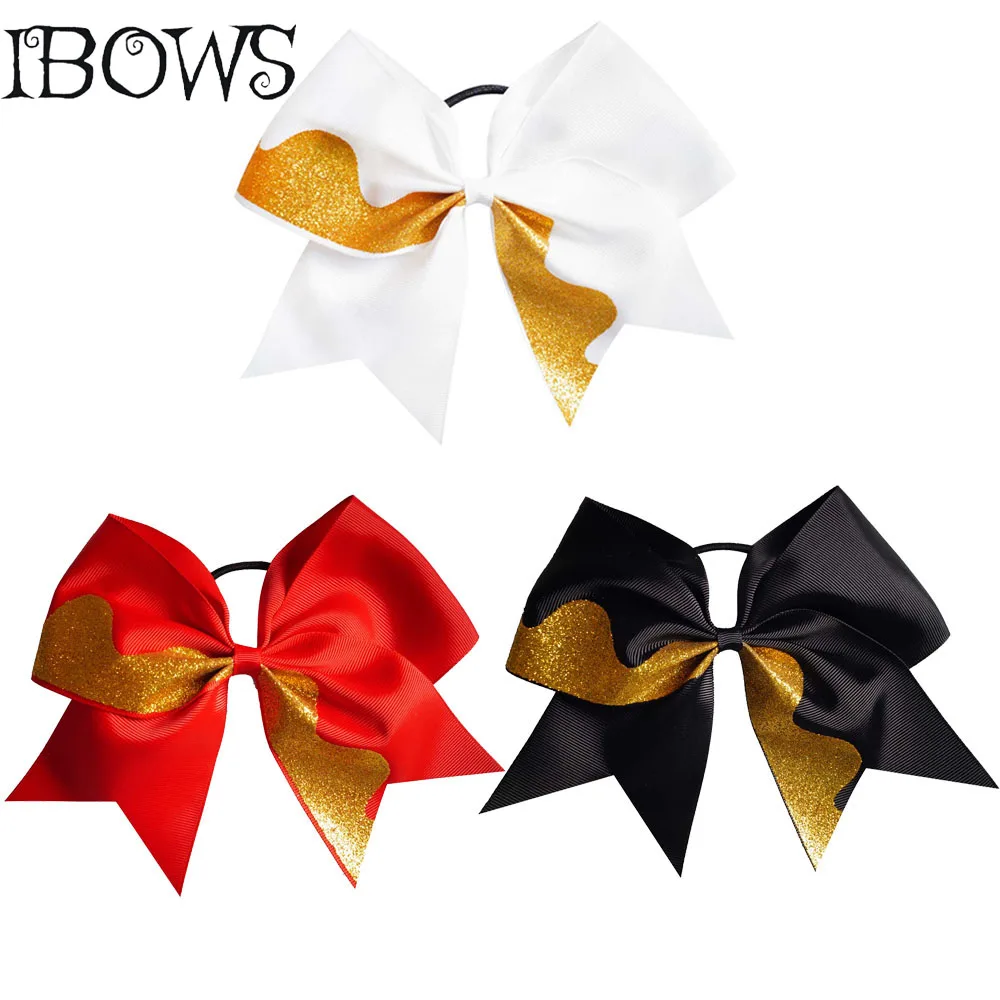 

New Arrival 7.5 Inch Bling Gold Large Plain Ribbon Cheerleading Cheer Bow With Elastic Band For Women Girl Hair Wear