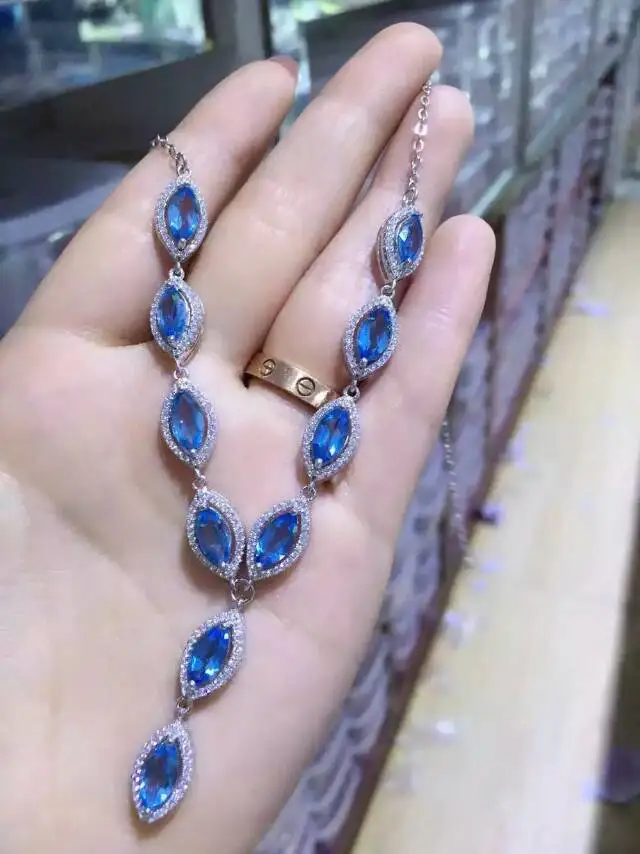 Natural blue topaz Necklace natural gemstone Pendant Necklace S925 silver trendy Elegant simplicity women party fine Jewelry