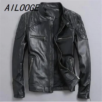 

AILOOGE 2017 New Real Leather Jacket Hot Sale Fall Winter Fashion Men's Black Color Leather Jacket Men's Wear Top Quality