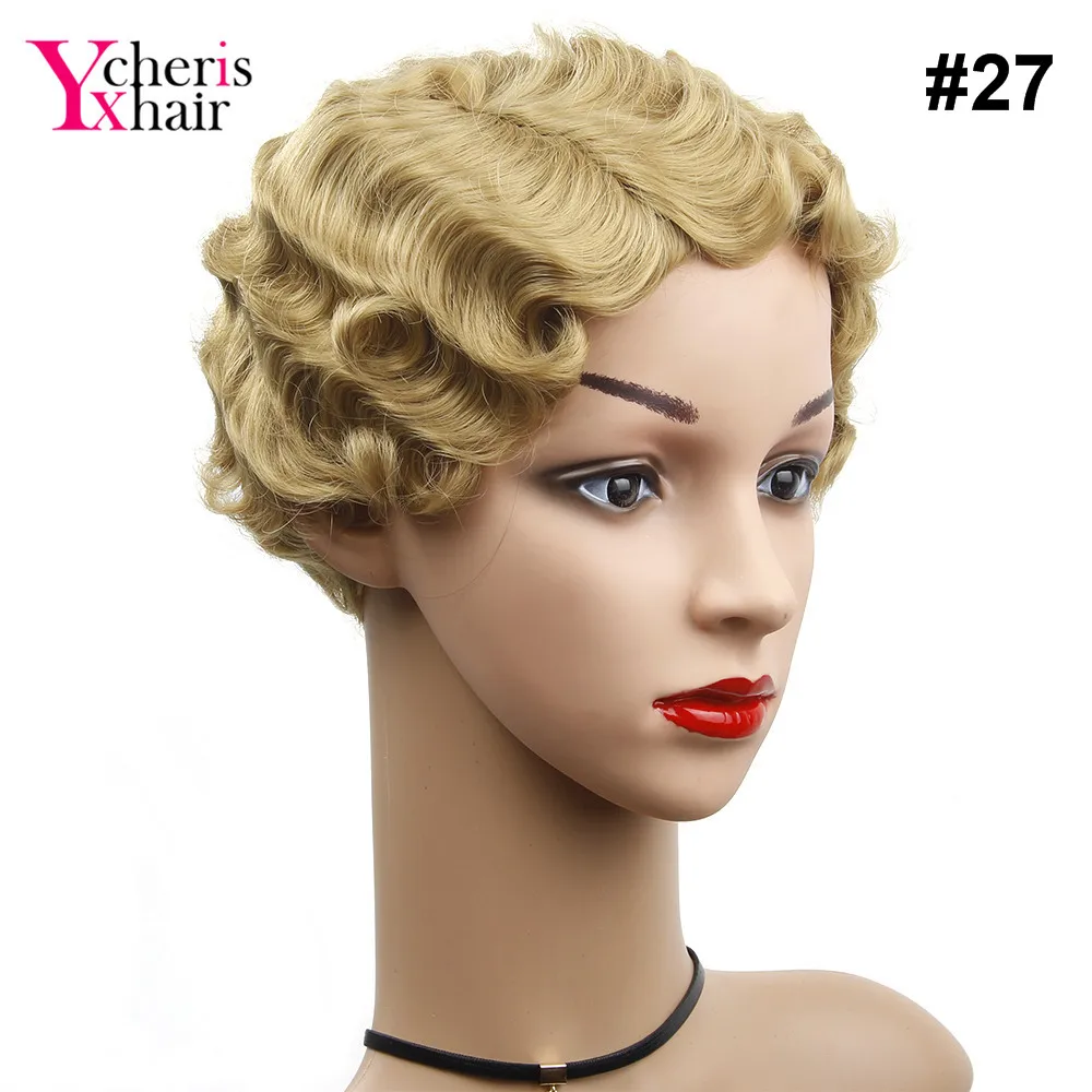 YXCHERISHAIR Short Synthetic Finger Wave Wigs High Temperature Fiber Blonde Synthetic Curly Cosplay Wig - Цвет: #27