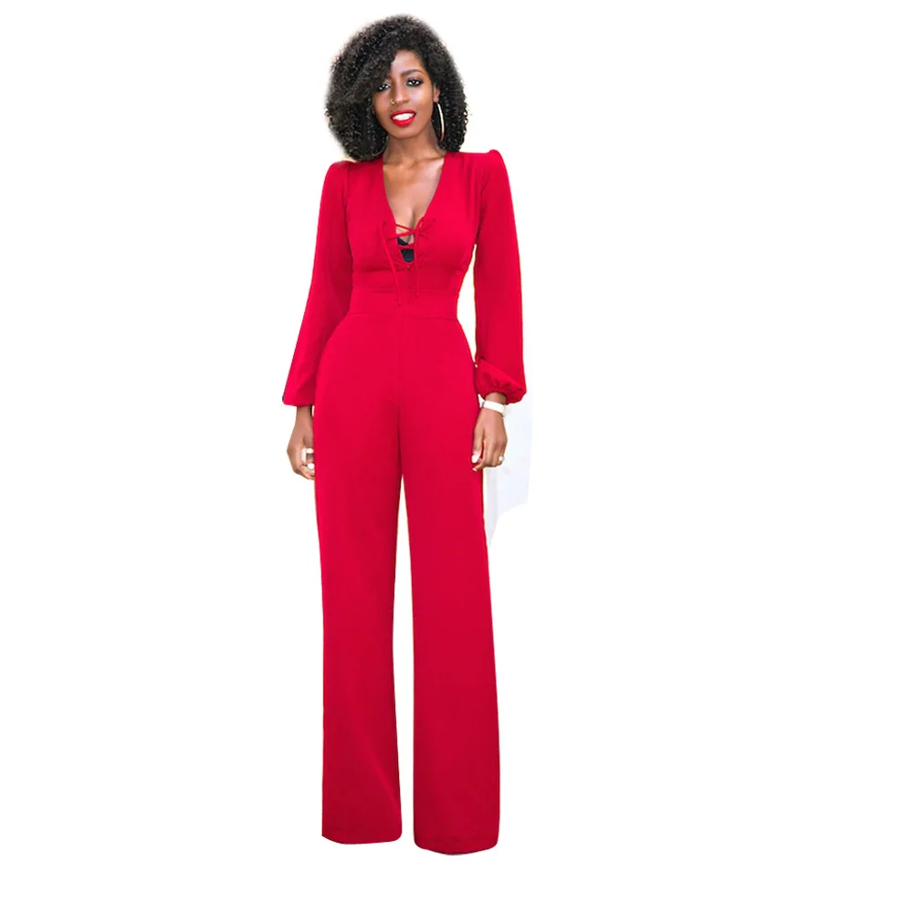 Lace up Wide Leg Jumpsuit Women Long Sleeve Loose Red One