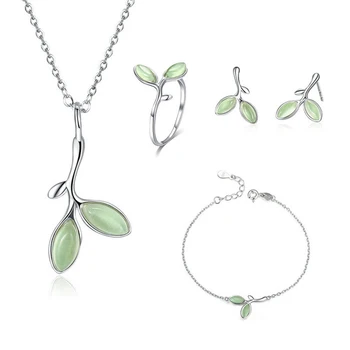 

Dubai Boho Fashion Opal Jewelry Sets 925 Sterling Silver Leaf Necklaces Charm Bracelet Ring for Women Statement Jewelry