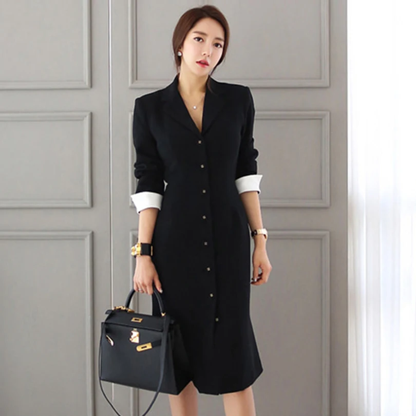 

Black Dresses for Woman Straight Single Breasted Full Sleeve Medium Length Notched Patchwork Empire Waist Spring Office Lady