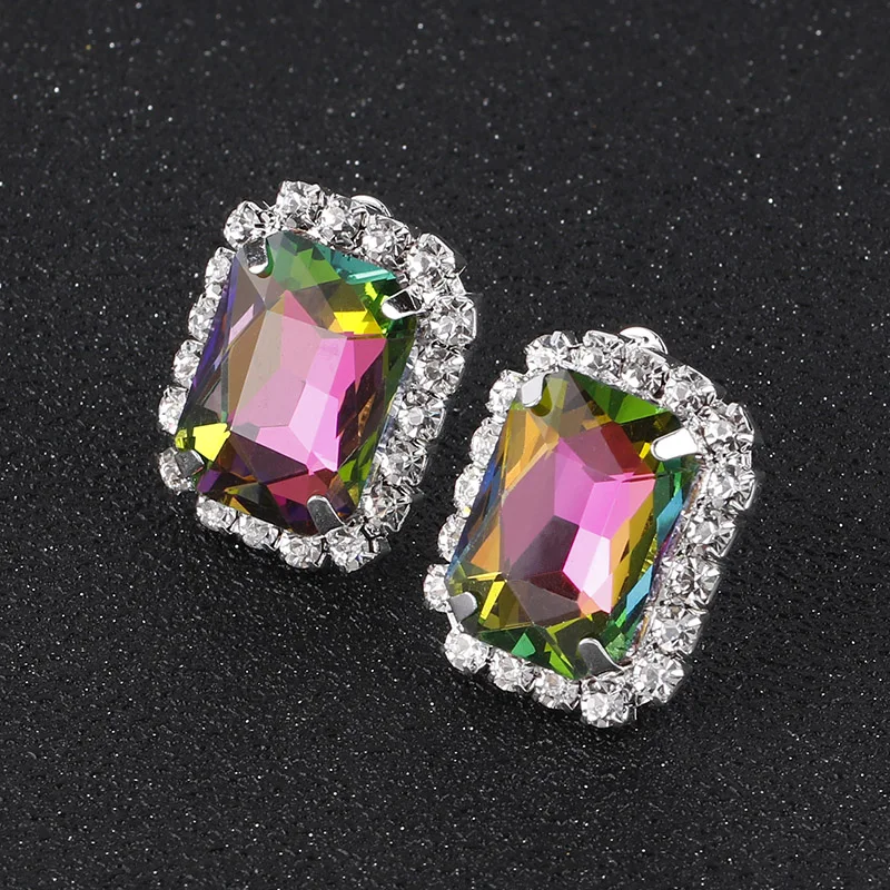 Fashion Pink Multicolor Crystal Oblong Clip Earrings For Women Jewelry Rhinestones Bridal Earrings Wedding Prom Jewelry Gifts ear clip earrings clip earrings ear clip
