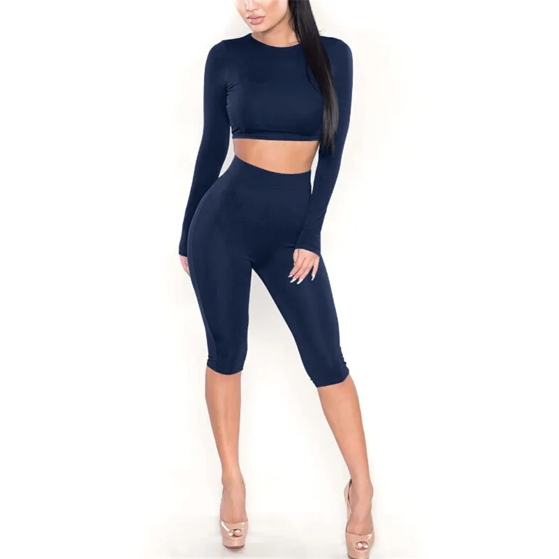 

2PCS Women's Tracksuit Soft Long Sleeve Tops+Knee Length Pants Wear Casual Suits Ladies Solid Sheath Clothing Set Sexy