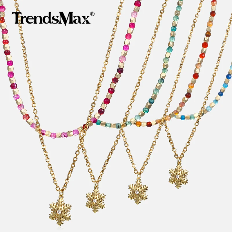 

Gold Snowflake Charm Necklace For Women Bohemia 5 Color Beaded Double Rolo Chain Necklace Woman Jewelry Valentines Gifts DNM10