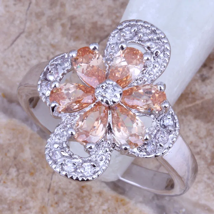 Majestic Brown Morganite White CZ Silver Plated Stamped Flower Ring Size 6 / 7 / 8 / 9 R0186 photo