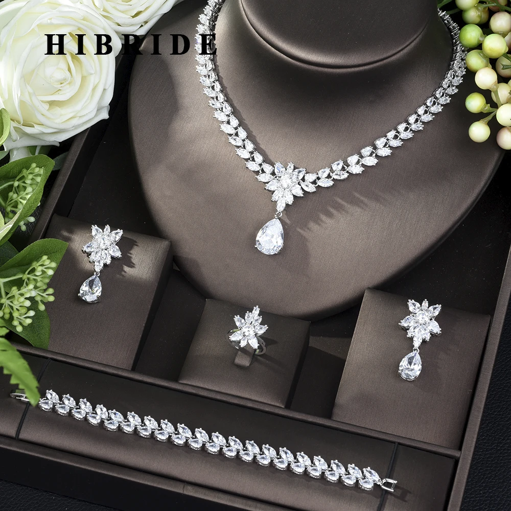 

HIBRIDE Women Jewels Elegant Shape Bridal CZ necklace earrings bracelet ring 4pcs Big Wedding Jewelry Sets For Bride N-203