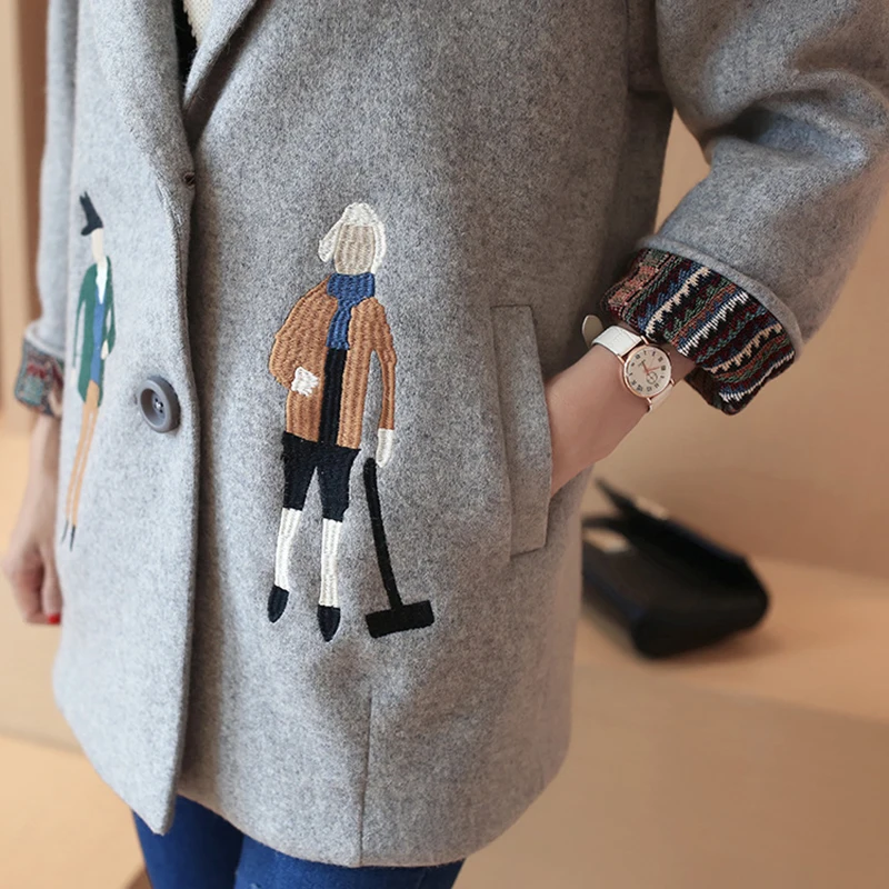 2018 autumn women coats,European fashion Female woolen jackets Embroidery outwear winter grey coats cashmere coat femme C0361
