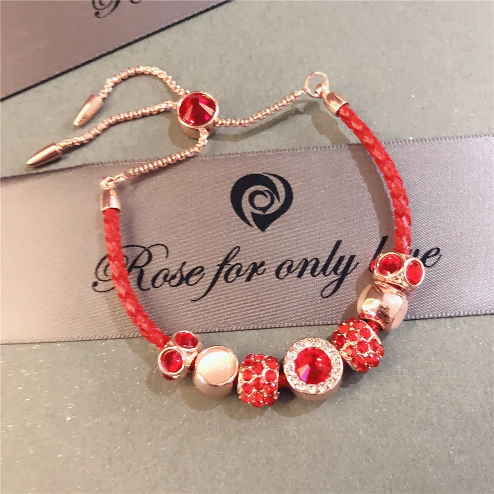 Bohemian Red Crystal Stones Charm Gold Bracelets & Bangles for Women Beads Handmade Charm Leather Bracelet Boho Femme Jewelry B3
