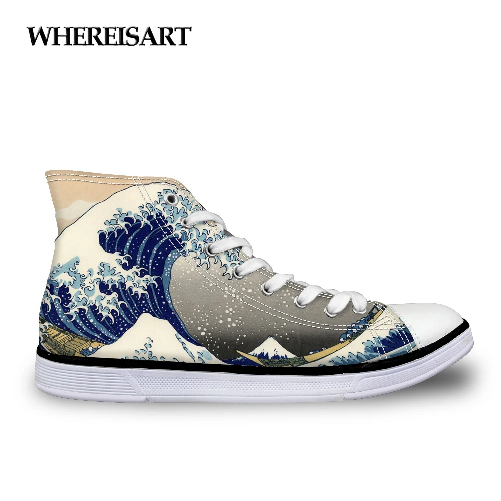 

WHEREISART Autumn High Top Lace-up Casual Canvas Shoes for Ladies 3D Wave Printed Women Fashion Vulcanize Shoes Female Flats