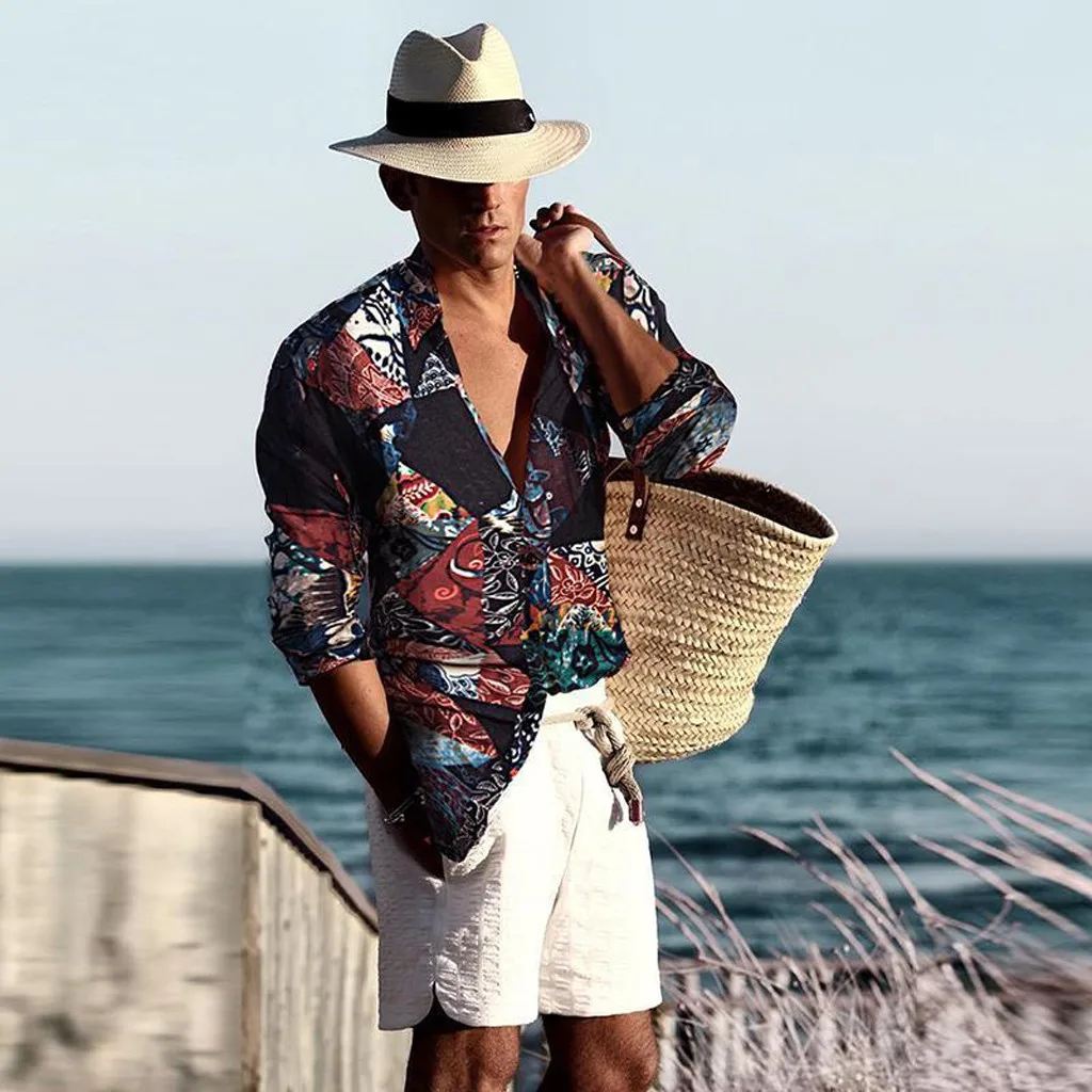 

2019 New Stylish Top Mens Vintage Ethnic Printed Turn Down Collar Long Sleeve Loose Casual Shirts Nuevo estilo de moda masculina