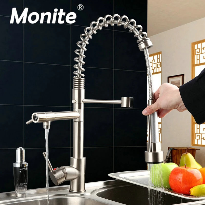 Buy Nickel Brushed Kitchen Faucets Pull Out Down Swivel 360 Spray Stream Soild