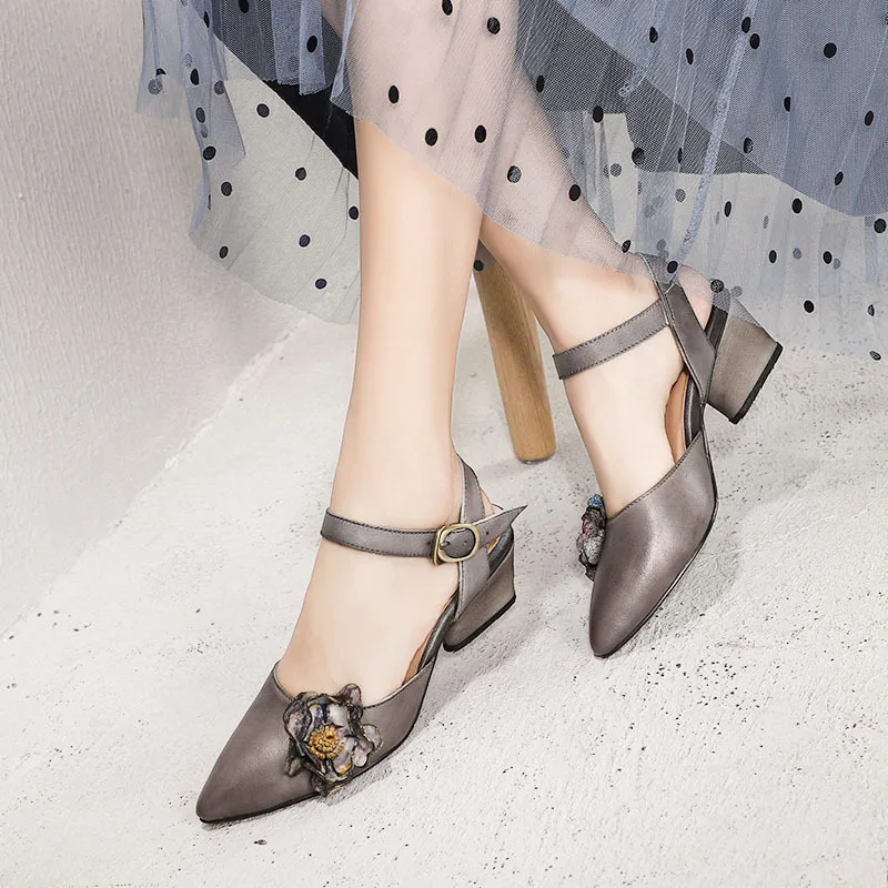 

2019 Woman Sandals Pointed Leather Sandals Rough Heels Ankle Strap Genuine Leather Buckled Summer Shoes