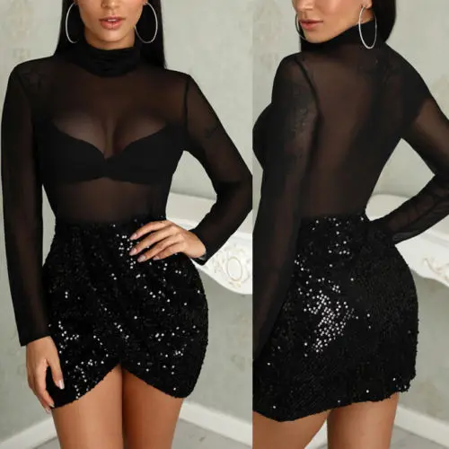 

Summer Dresses HOT Sexy Women Summer Black Mesh See-Through Long Sleeve Turtleneck Patchwork Sequined Short Pencil Dress