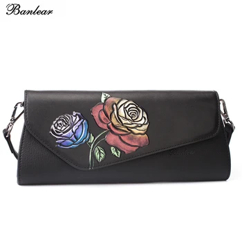 

Brand Banlear Black color Hand Painted Rose Flower Real Leather Clutches for Women Cowhide Leather Clutches for Lady