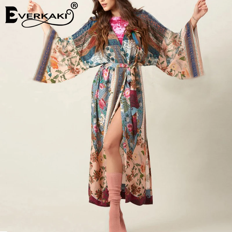 

Everkaki Kimono Vintage Loose Floral Printed Open Stitch Sleepwear Coat Bohemian Sash Belted Long Sleeve Sexy Kimono