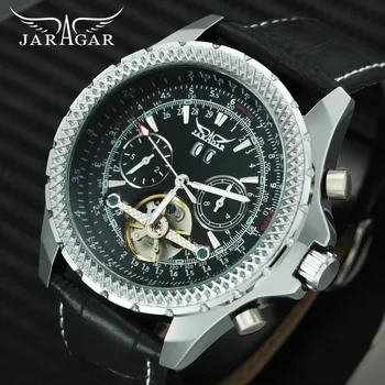 

JARAGAR Cool Black Tourbillon Automatic Mens Watches Skeleton Mechanical Calendar Watch Men Leather Strap Top Brand Luxury Clock