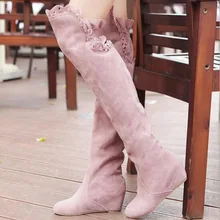 Ante del faux Delgado Botas Sexy sobre la rodilla de alta nieve de las mujeres botas chicas dulce otoño invierno de alta del muslo botas de encaje zapatos de la flor