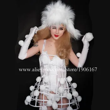 

White Female Singer DJ Bar Gogo Nightclub Costume Sexy Lady Catwalk Show Party Dress With Hat Valentine's Day Gift Clothes