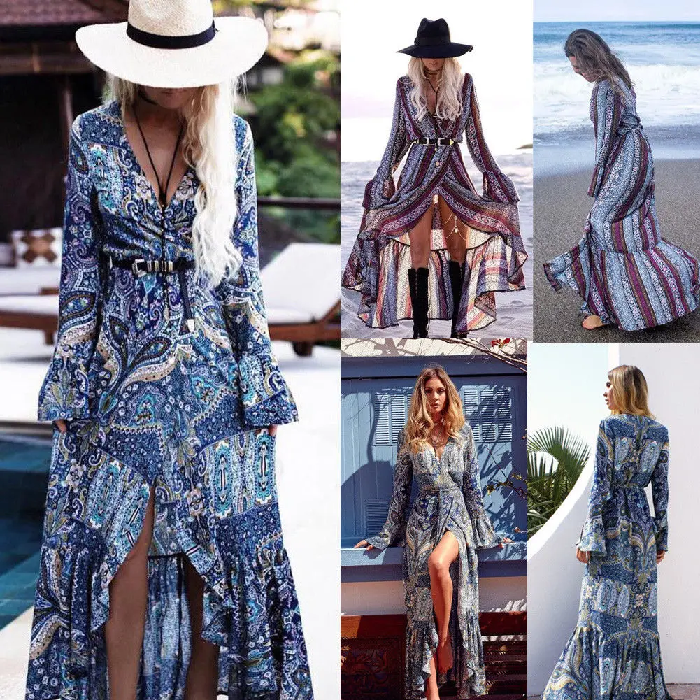 Женское платье с цветочным принтом Boho длинное вечернее макси длинным рукавом
