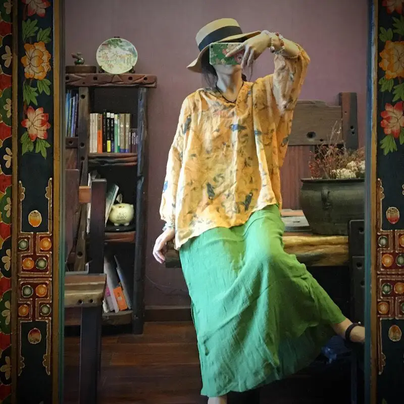 Johnature, винтажные юбки трапециевидной формы, одноцветные, длина до середины икры, новинка, одежда с эластичной резинкой на талии, хлопок, лен, удобные женские юбки - Цвет: Зеленый
