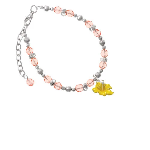 Silvertone Yellow Hibiscus Flower Pink Beaded Bracelet