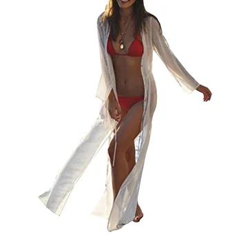 

Women Ladies Transparent Tunic Pure Color Deep Slit Loose Sexy Chiffon Foot Length Cover Up Dress