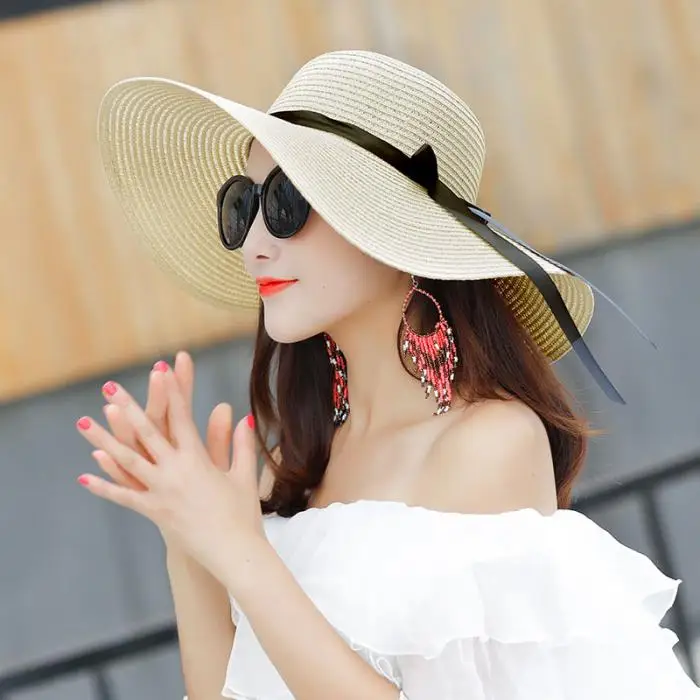 Женская летняя соломенная шляпа с большими широкими полями, пляжная шляпа, складная солнцезащитная Кепка с защитой от ультрафиолета и Т8