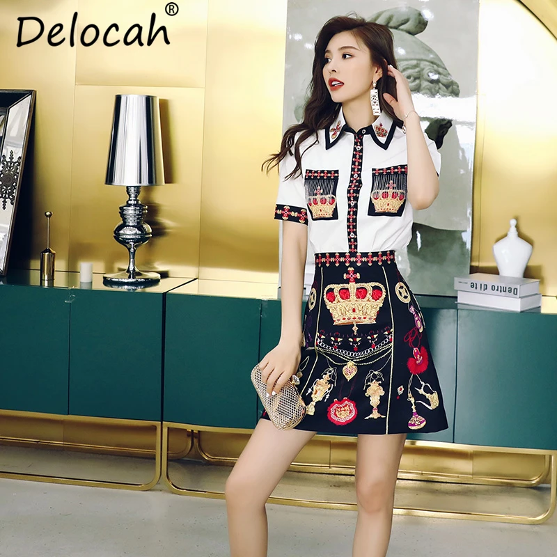 Delocah جديد 2019 المرأة الربيع الصيف الدعاوى المدرج مصمم أزياء رائع الديكور قميص + مطبوعة البسيطة تنورة قطعتين مجموعة Delocah جديد 2019 المرأة الربيع الصيف الدعاوى المدرج مصمم أزياء رائع الديكور قميص + مطبوعة البسيطة تنورة قطعتين مجموعة