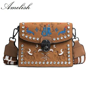 

National Fashion Flower Embroidery Women Cross-body Bag High Quality Rivet Leather Shoulder Purse Strap Button Messenger Clutch