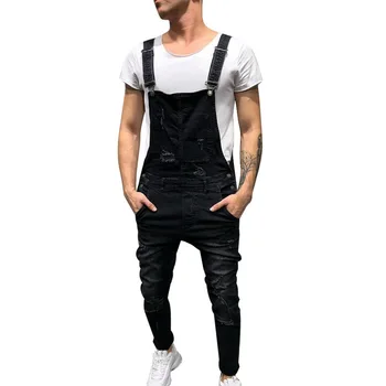 

Shredded Cotton Jeans 2019 Fashion Retro Design Slim Black Blue Denim Jumpsuit Denim Romper Male Bib Jumpsuit Jean Pants