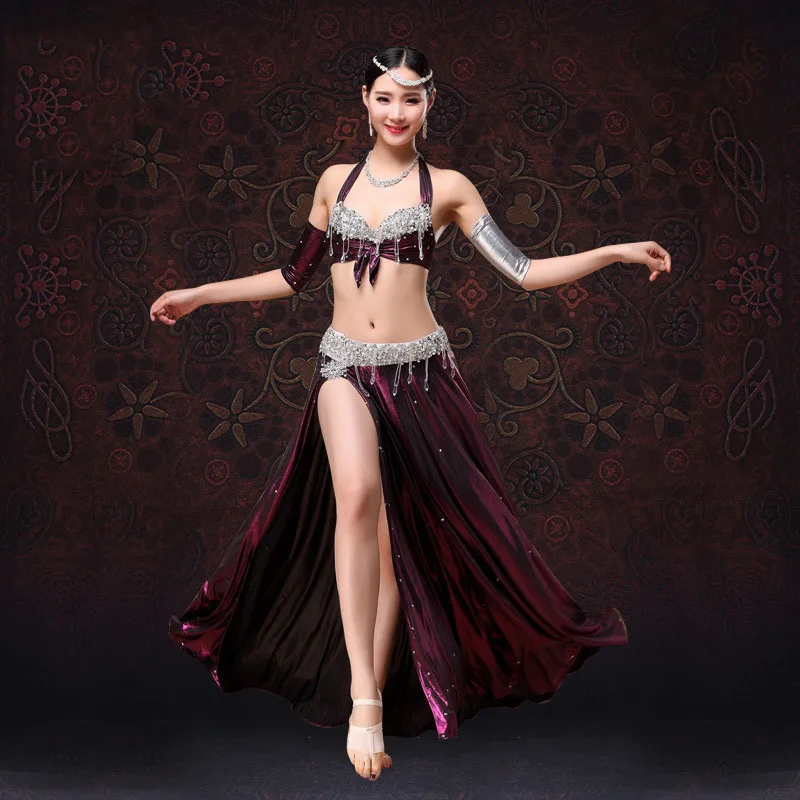 

Women Dancing Suit Bra+Skirt+Armlet Set Crystal Decor Halter High Slit Clothing Set FDC99