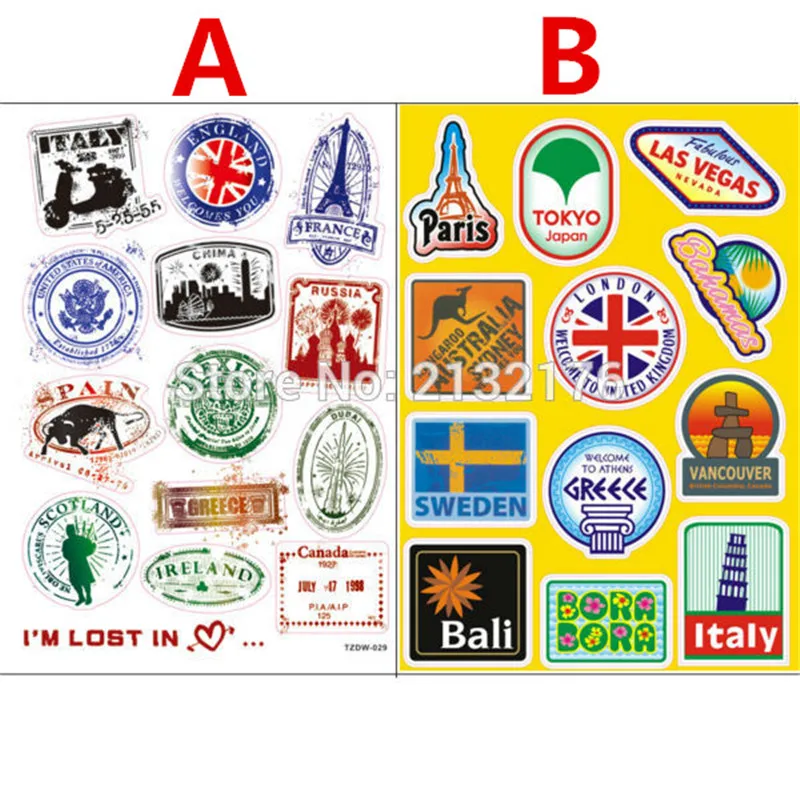 2-Designs-travel-PVC-Waterproof-sticker-bomb-Luggage-Suitcases-Guitar-Skateboard-laptop-stickers-Car-Styling_