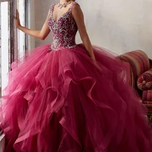 red quinceanera dresses V neck Tiered Organza Long sweet 16 dress Beaded vestidos quicenera open Back