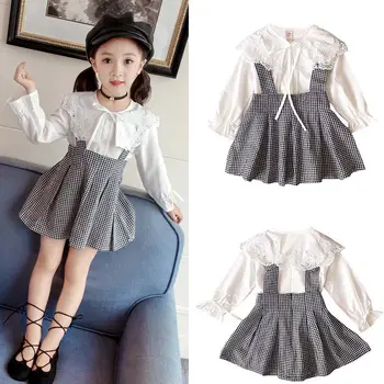 

Toddler Baby Girls Long Sleeve Solid Lace T-shirt Blouse+Plaid Skirts Clothes Outfits Children Clothes Girls Sets 2019