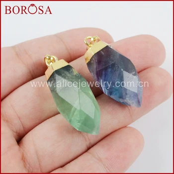 

BOROSA 5/10PCS Gold Color Colored Fluorite Fat Faceted Stones Pendant Jewelry Mixed Colors Drusy Jewelry Pendant for Women WX802
