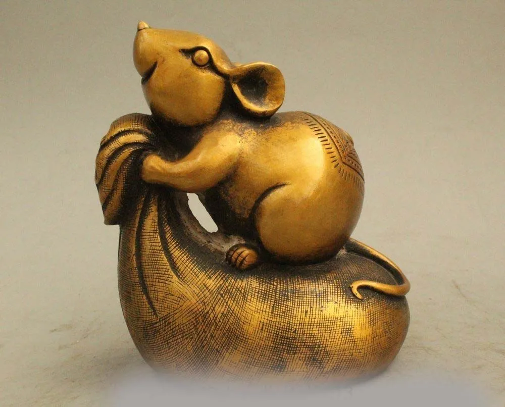

6" Chinese Fengshui Copper Zodiac Year Mouse Moneybag Wealth Rich Cai Statue