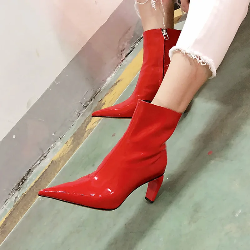

Patent Leather Women Boots Novel Thick Heels Sexy Pointy Toe Shoes Woman Zipper Dress Zapatos Mujer High Quality Short Booties