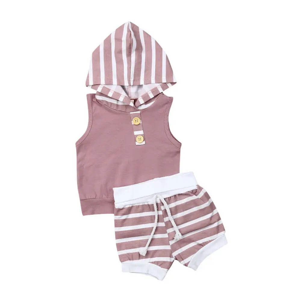 

2PCS 2019 New Newborn Baby Girl Boy Clothes Hooded Stripe Tops Short Pants Summer Outfits Set
