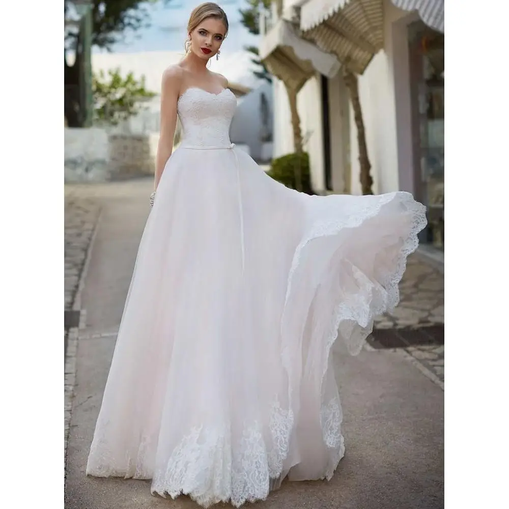 

New Arrival 2019 Elegant A Line Tulle Wedding Dress Lace Top Sweetheart Floor Length Princess Bridal Gown