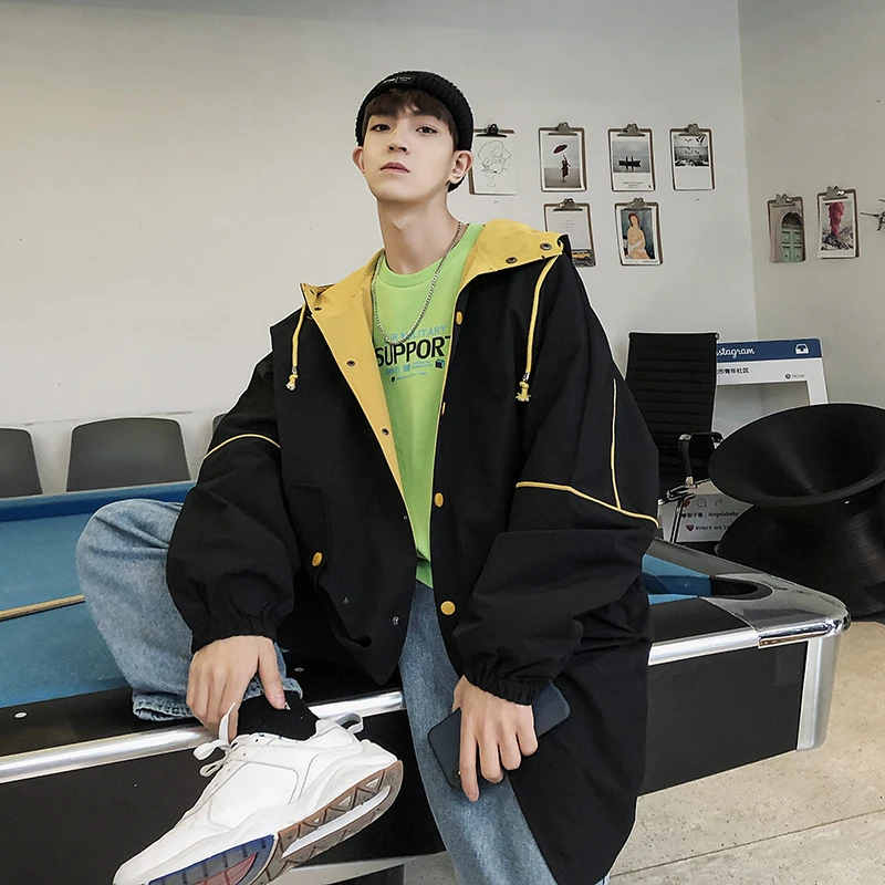 

2019 Autumn Men's Long Clothing Trench Work Clothes Windbreaker Loose Coats Male Hip-hop Hat Spelling Color Jacket Size M-5XL