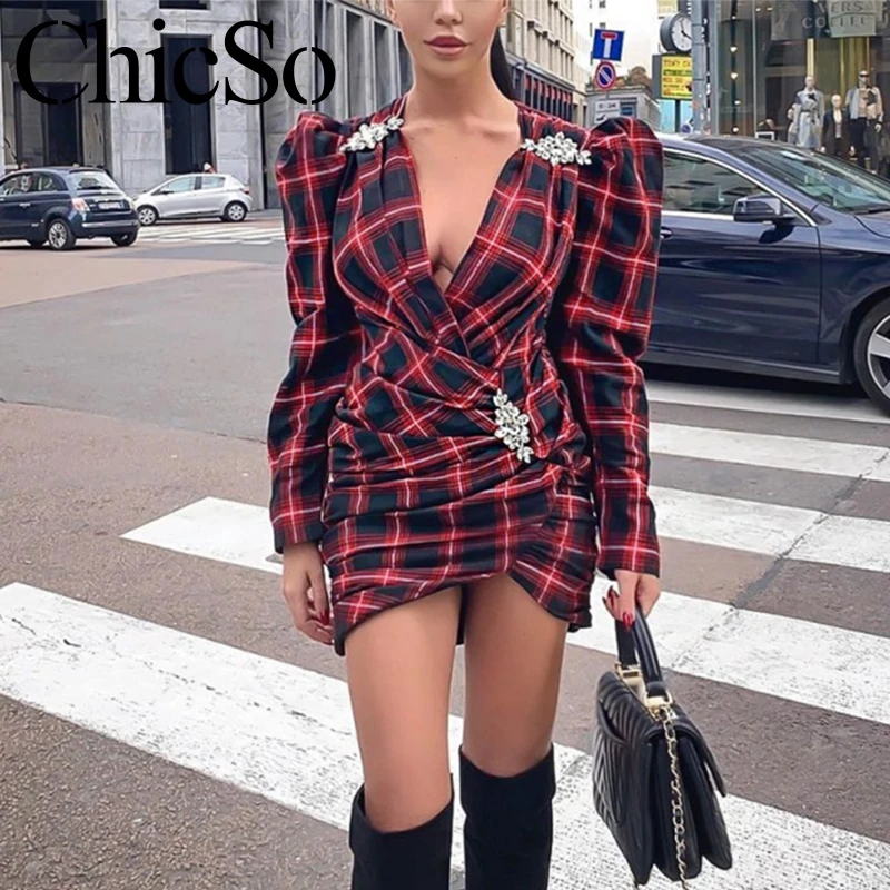 

MissyChilli Plaid v-neck pleated short dress bodycon elegant fashion mini dress women Autumn winter sexy party club dress festa