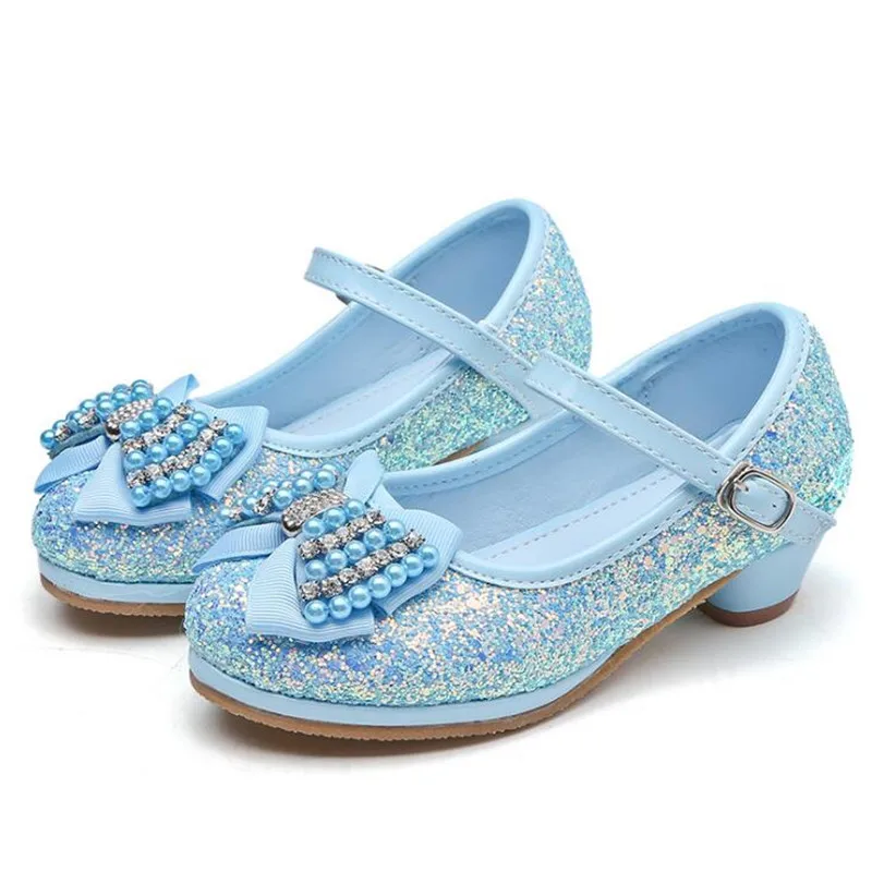 2023 Spring Kids Girls Shoes High Heels For Party Sequined Blue Pink Sandals Ankle Strap High Quality Children Girl Wedding Shoe