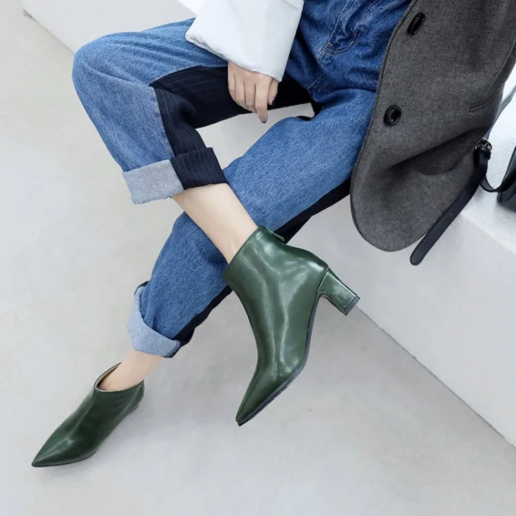 Женские ботинки осенне-зимние теплые ботильоны «Челси» из Pu искусственной кожи на среднем каблуке с острым носком на молнии г. Пикантная модная повседневная обувь бежевого и зеленого цвета, размеры 34-48
