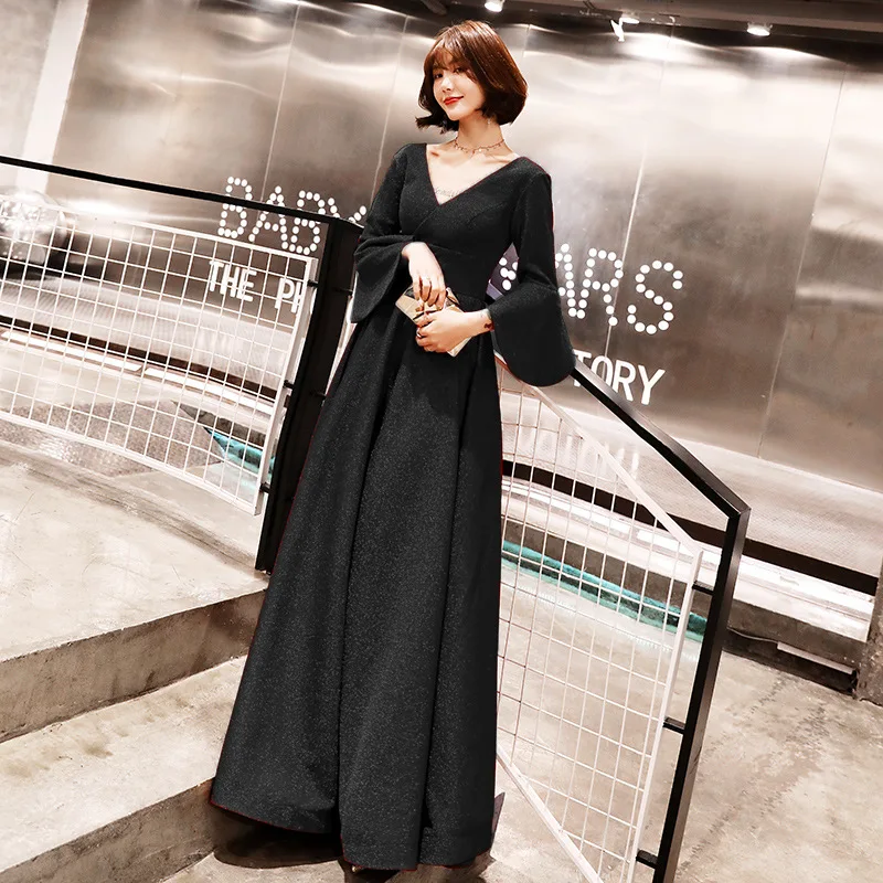 

V-neck Evening Dresses Wine Red Flare Sleeve Vintage Formal Party Gowns Women Fashion A-line Long Floor-length Prom Dresses E089