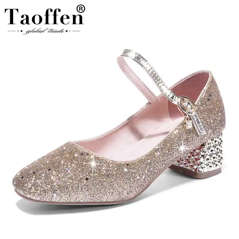 Taoffen Square Heel Small Size 30-43 Round Toe Ladies Pumps Bling Buckle Party Wedding High Shoes Women Vacation Club | Обувь